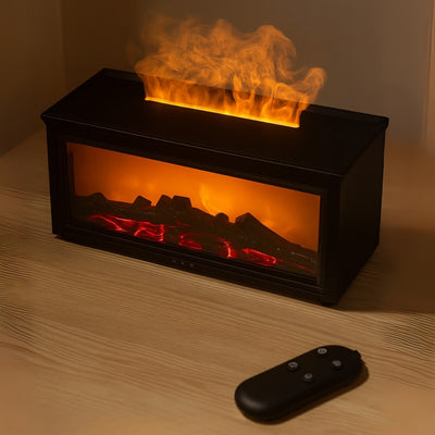 Black electric fireplace with flames and a remote control on a wooden surface.