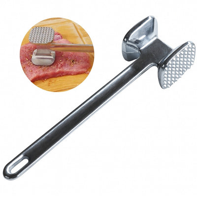 Metal meat tenderizer on a white background with an inset showing it used on meat.