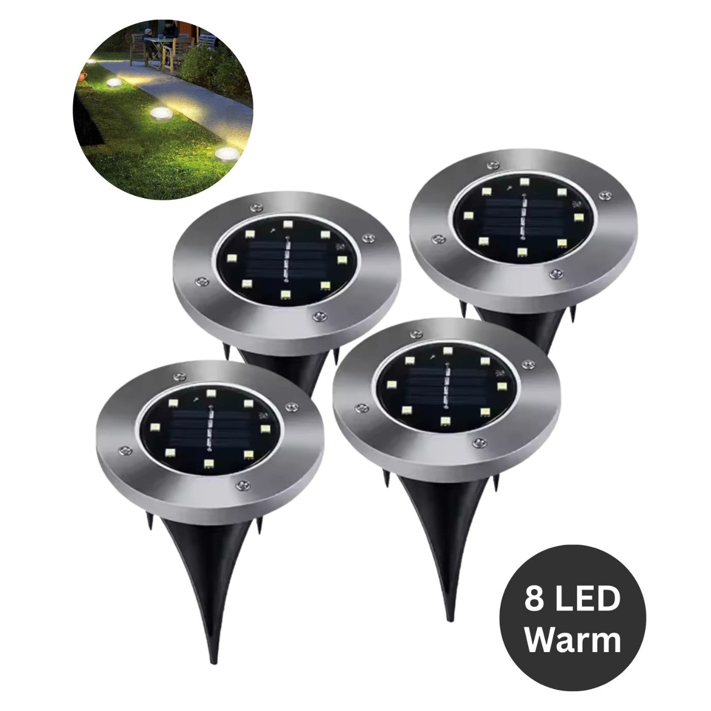 Set of four solar-powered outdoor lights with 8 LED warm light on a white background.