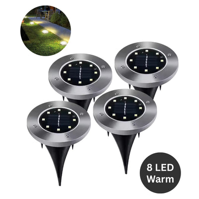 Set of four solar-powered outdoor lights with 8 LED warm light on a white background.