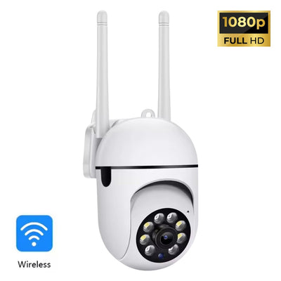 White security camera with antennas and wireless symbol on a white background