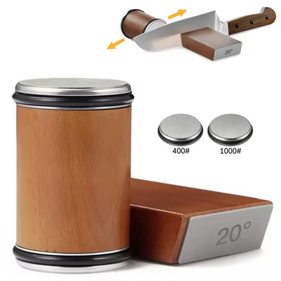 Wooden sharpening stone set with metal stones and angle guide on a white background