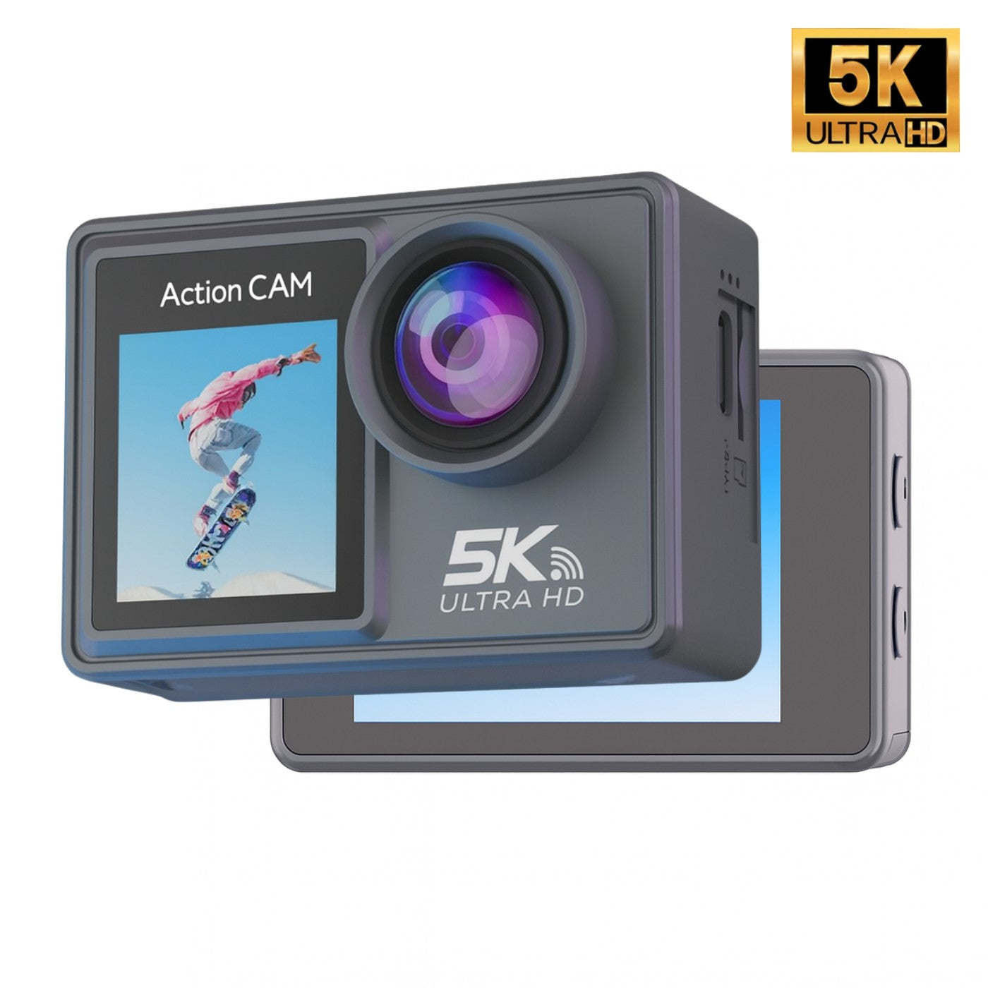 Action camera with 5K Ultra HD label on a white background