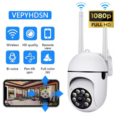 Outdoor security camera with wireless, HD quality, remote view, bi-directional voice, pan-tilt-spin, and full-color night vision features.