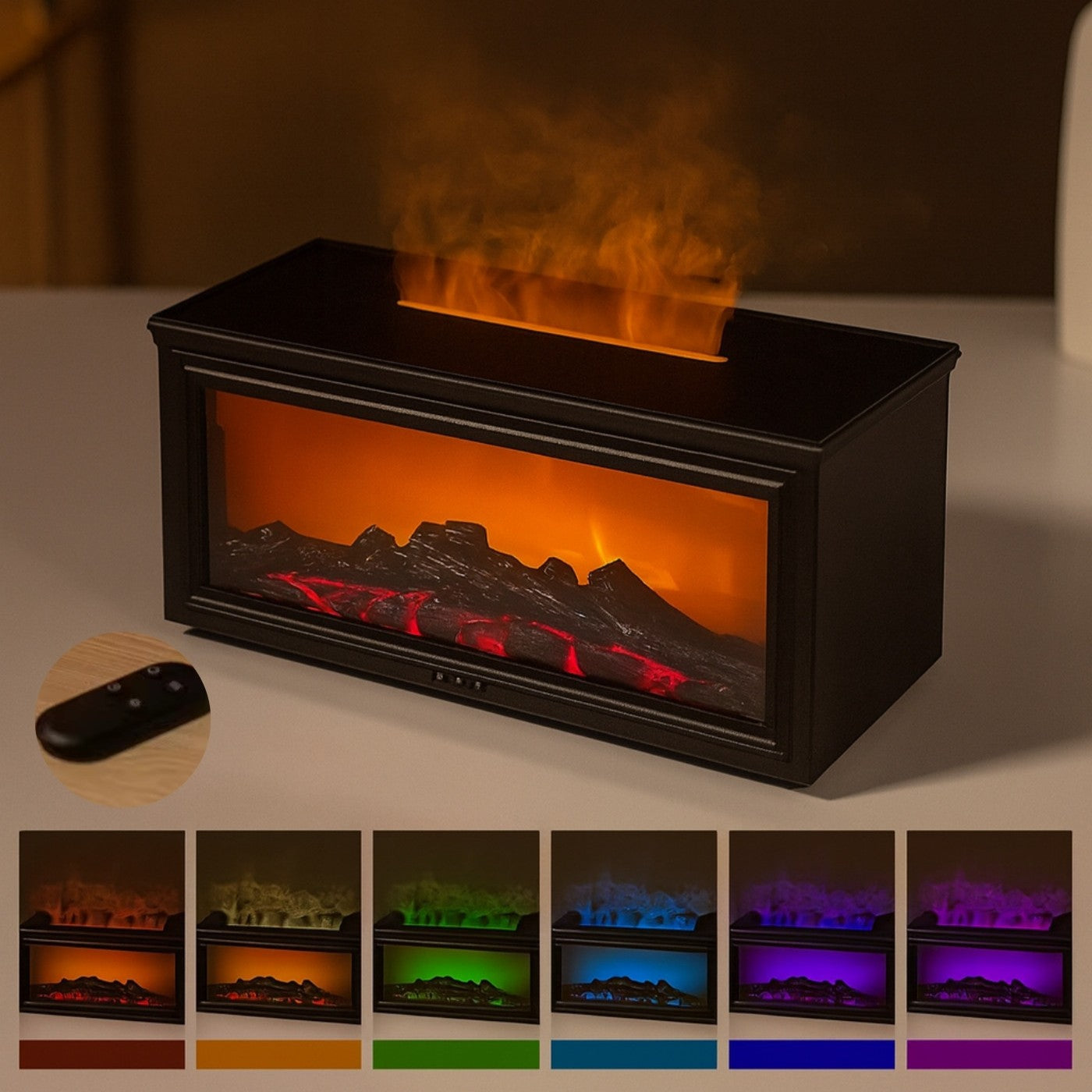 Black electric fireplace with colorful flame options displayed below on a dark background