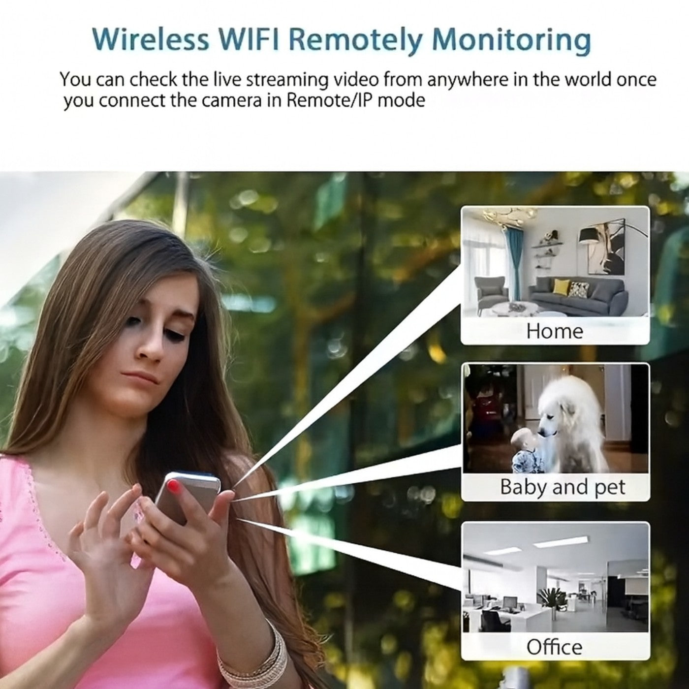 Woman using a smartphone with wireless WiFi remotely monitoring features displayed on screen.