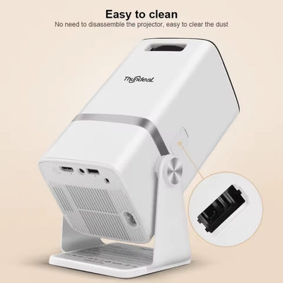 White projector with dust removal feature on a beige background