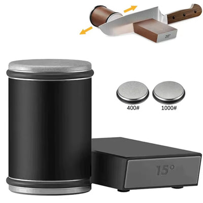 Knife sharpener with two sharpening stones and a knife illustration on a white background