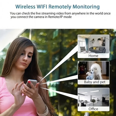 Woman using a smartphone with wireless WiFi remotely monitoring features displayed on screen.