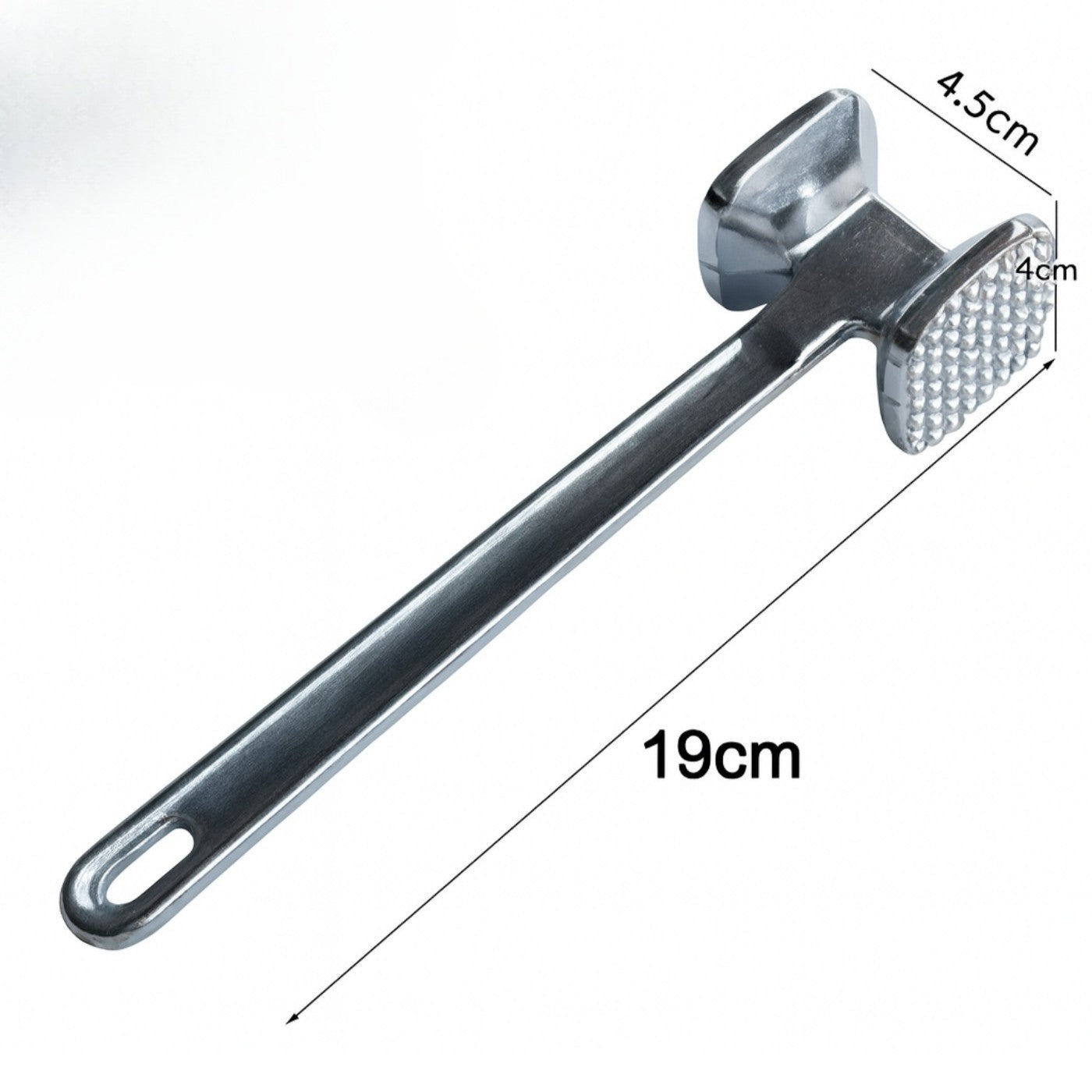 Metal garlic press with dimensions labeled on a white background