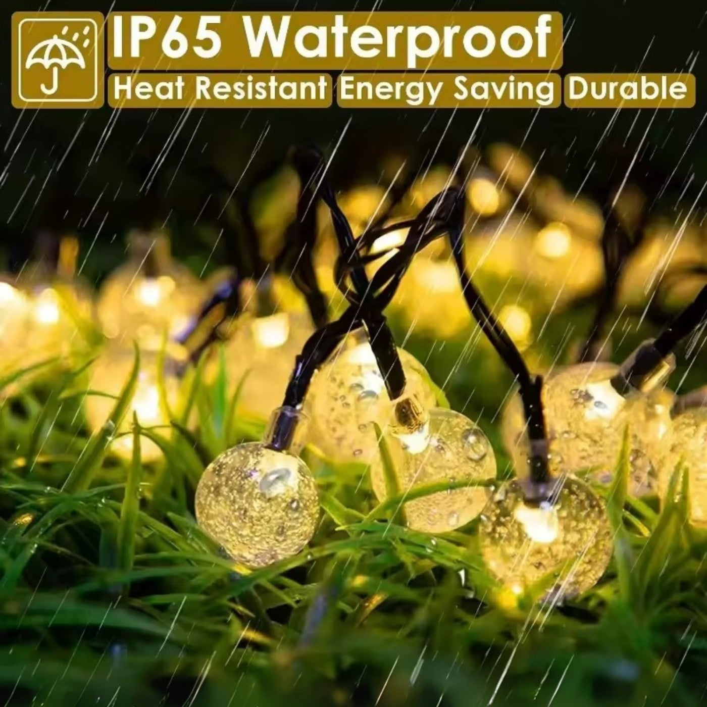 String lights with waterproof, heat-resistant, energy-saving, and durable features on a grassy background.