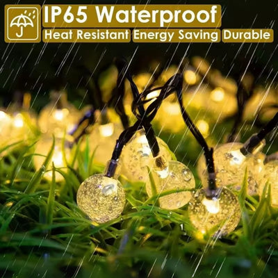 String lights with waterproof, heat-resistant, energy-saving, and durable features on a grassy background.