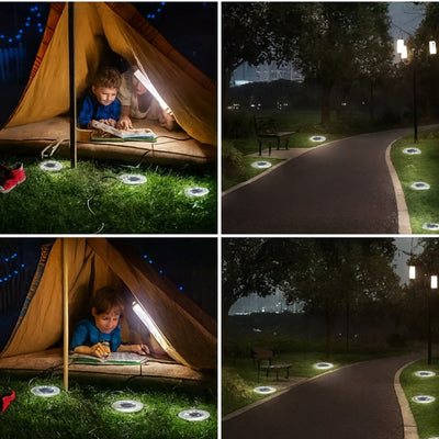 Collage of outdoor scenes with solar lights: children in a tent, pathway, and grass.
