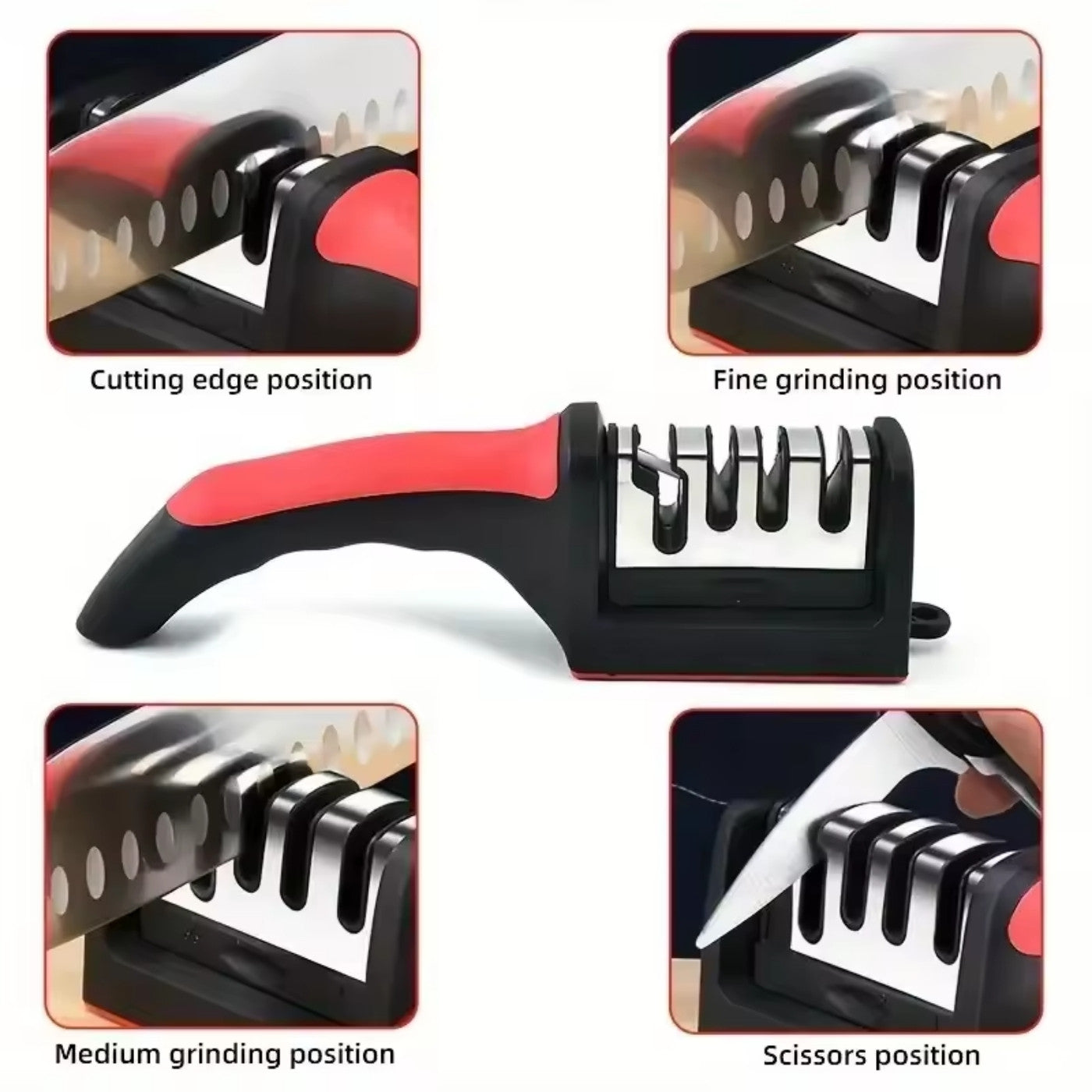 Knife sharpener with different positions for cutting edge, fine grinding, medium grinding, and scissors use on a white background.