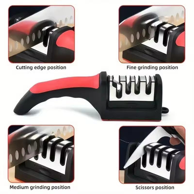 Knife sharpener with different positions for cutting edge, fine grinding, medium grinding, and scissors use on a white background.