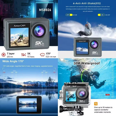 Action camera with features highlighted on a blue and white background