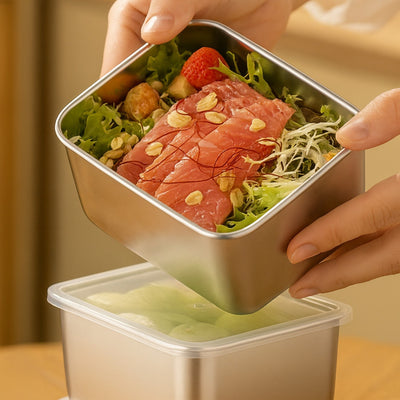 Metal lunch box with salad and meat being held by a person