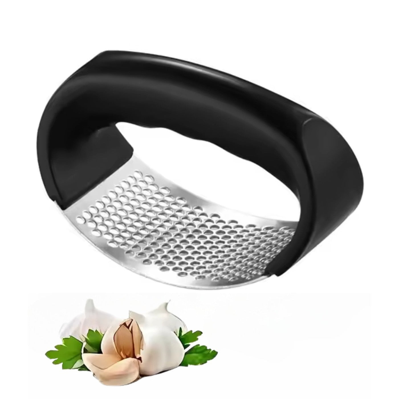 Black garlic press with a white background