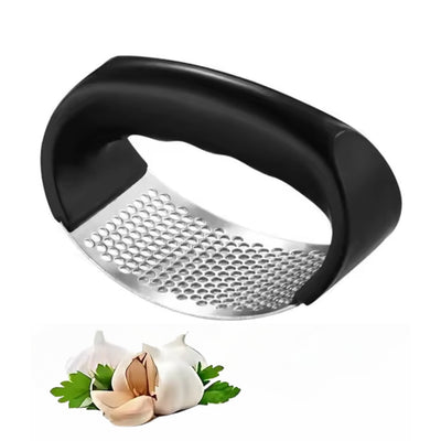 Black garlic press with a white background