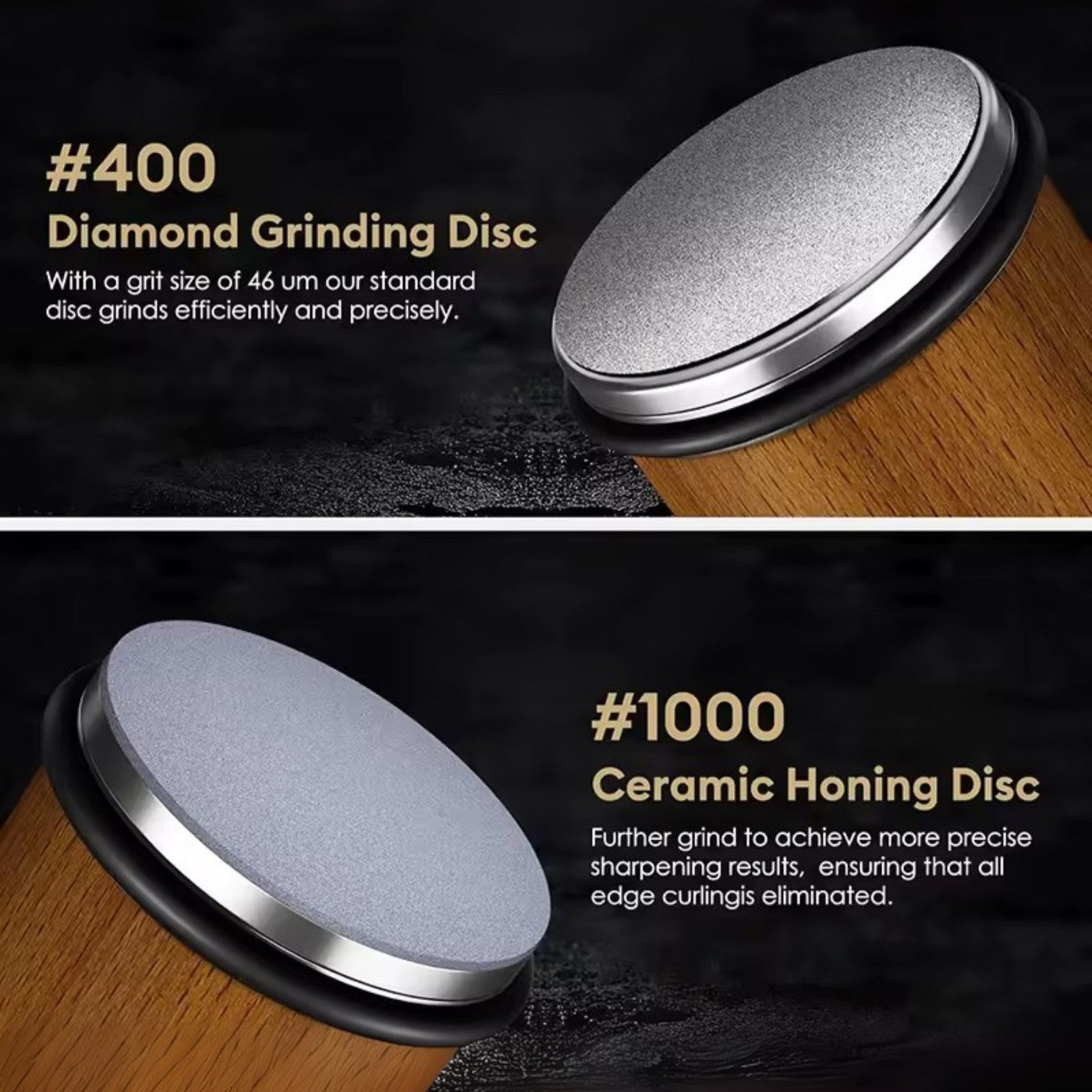 Diamond grinding disc and ceramic honing disc with specifications on a dark background