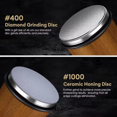 Diamond grinding disc and ceramic honing disc with specifications on a dark background