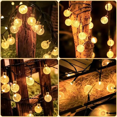 String lights with crystal ball bulbs in various settings