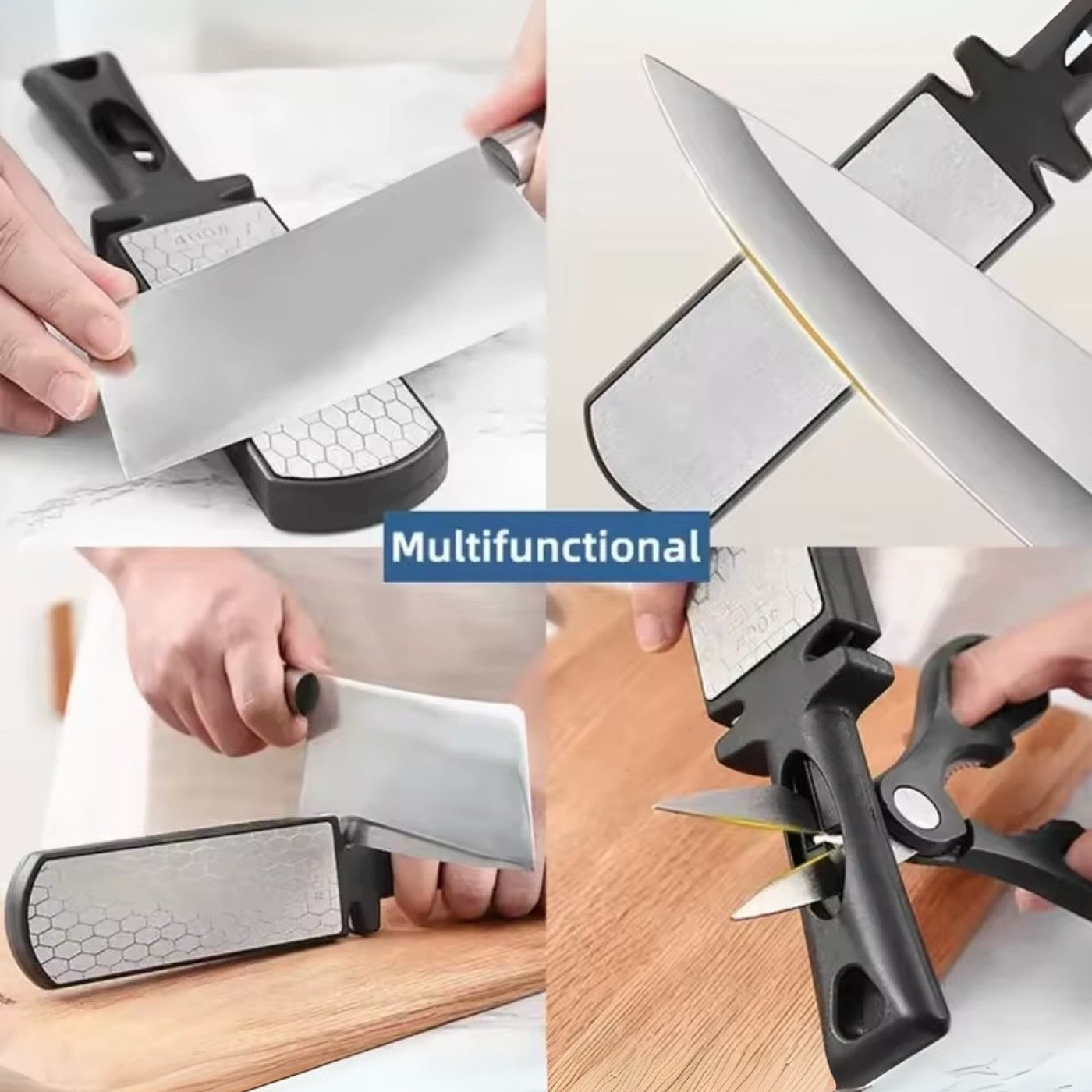 Multifunctional knife sharpener being used on a knife with 'Multifunctional' text overlay.