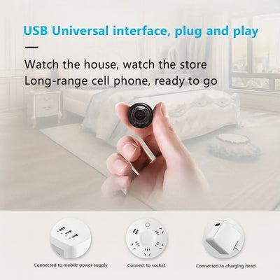 Hand holding a small camera with text about USB interface, plug and play, and security monitoring.