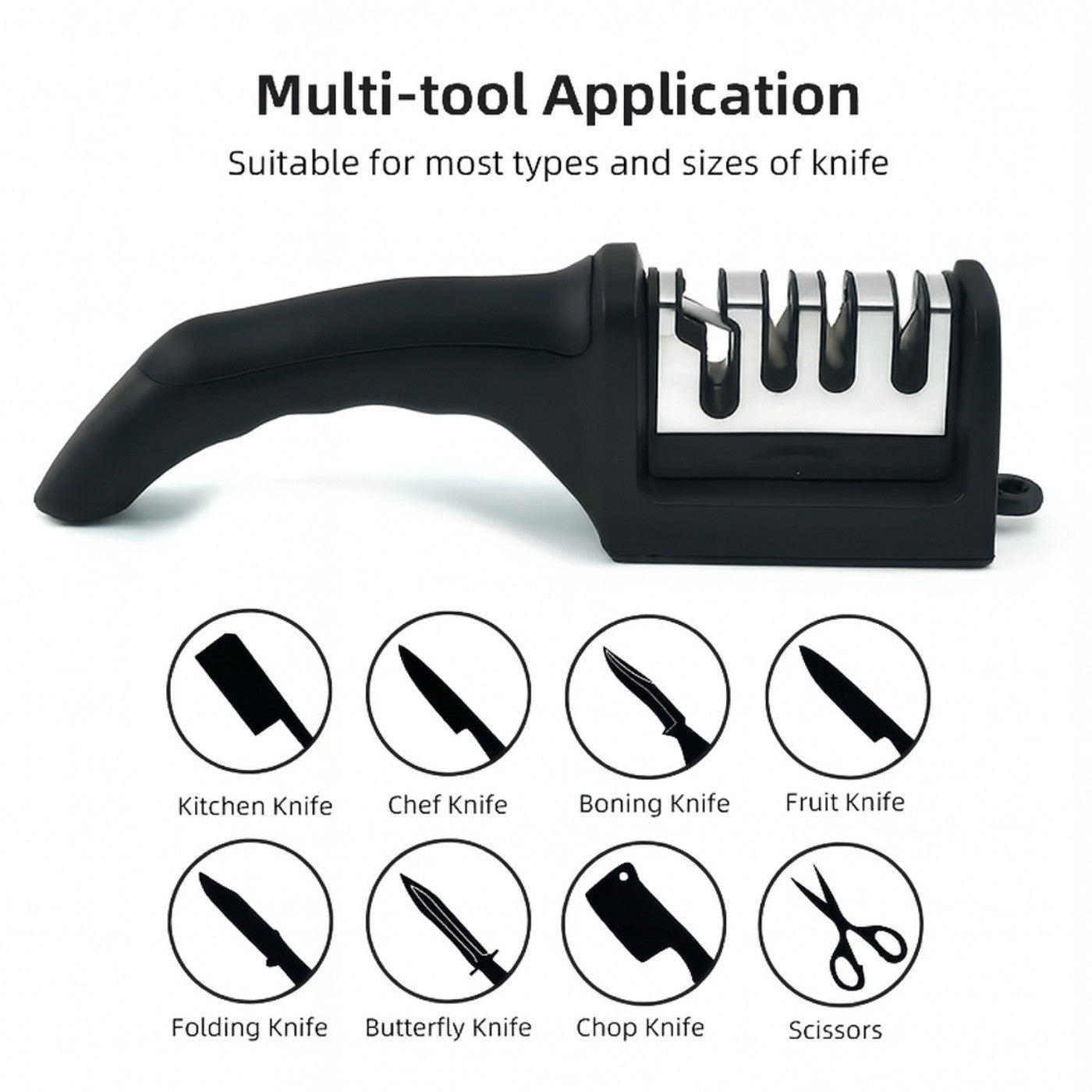 Black knife sharpener with icons indicating its use for various types of knives on a white background.