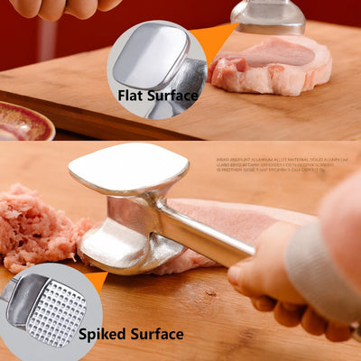 Metal meat tenderizer on a wooden surface with close-ups of flat and spiked surfaces.