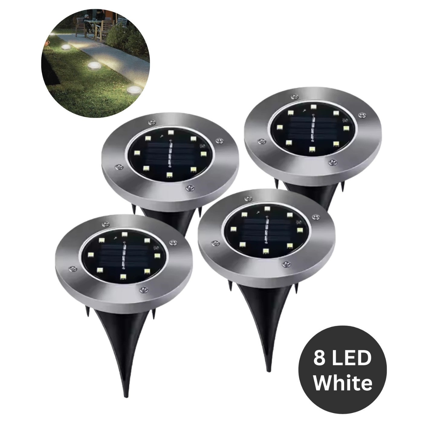 Set of four solar-powered outdoor lights with LED lights on a white background.