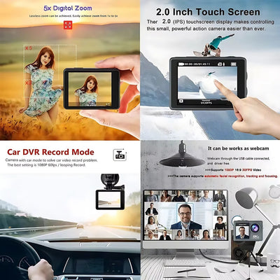 Collage of a digital camera with features like digital zoom, touchscreen display, and car DVR mode.