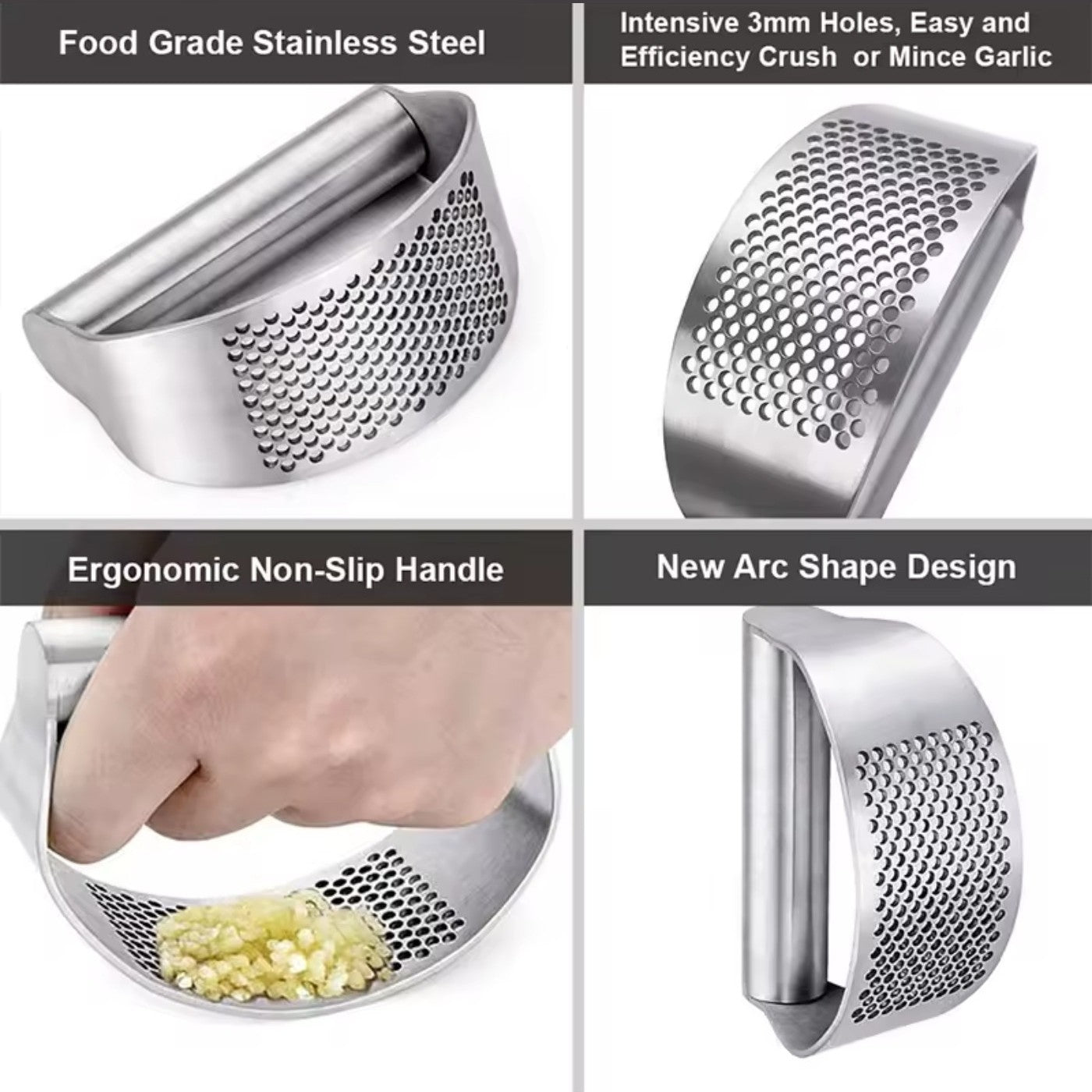 Metallic garlic press with features highlighted on a white background