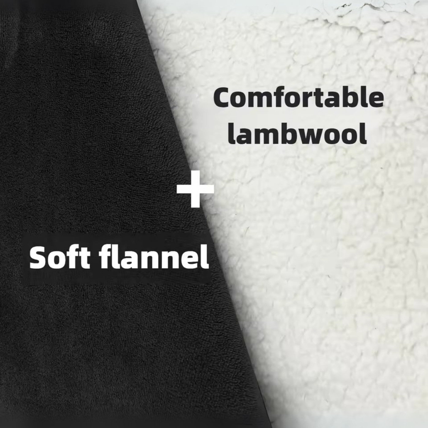 Close-up of black lambwool and white flannel fabric with text overlay.