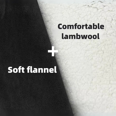 Close-up of black lambwool and white flannel fabric with text overlay.