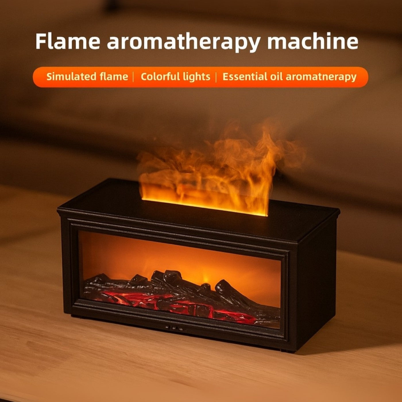 Flame aromatherapy machine with simulated flame and colorful lights on a wooden surface.