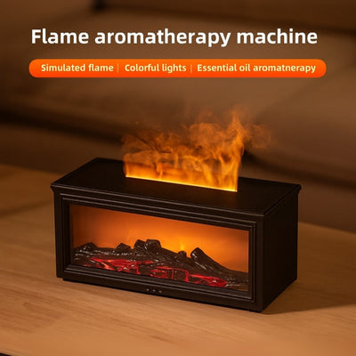 Flame aromatherapy machine with simulated flame and colorful lights on a wooden surface.