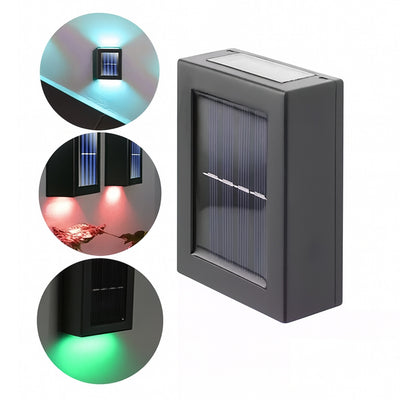 Solar-powered LED light fixture with color-changing capabilities on a white background