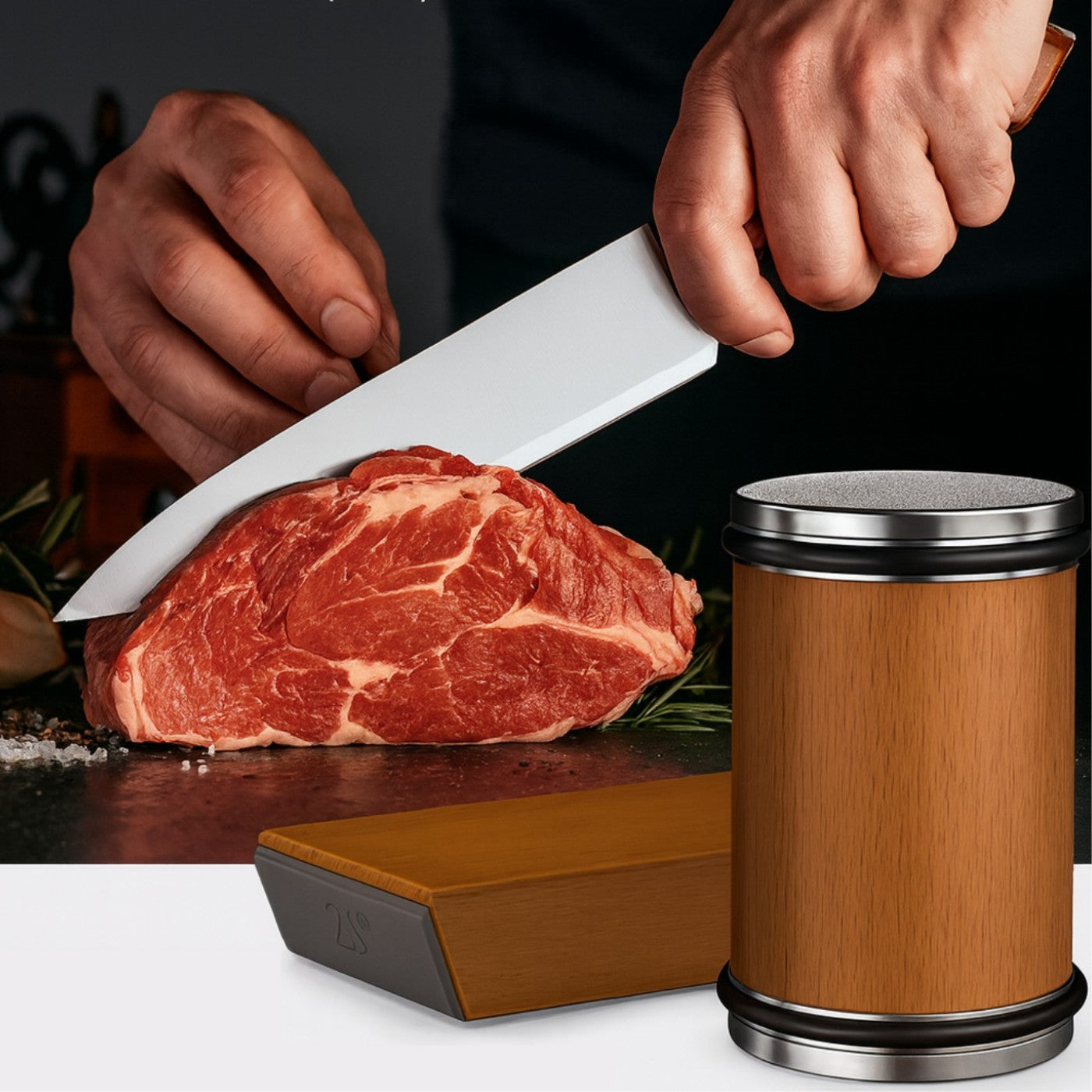 Person holding a knife over a piece of meat with a wooden container and block in the foreground.