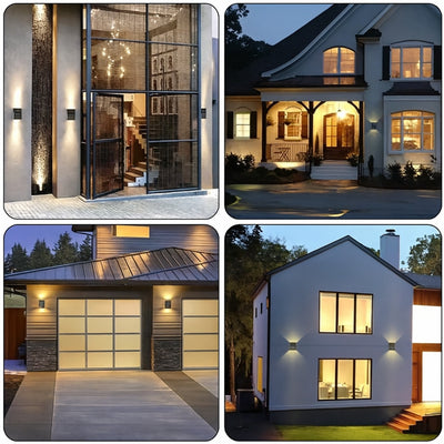 Collage of four different house exteriors at night with warm lighting.