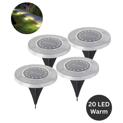 Four solar-powered outdoor lights with a close-up inset showing their use in a garden.