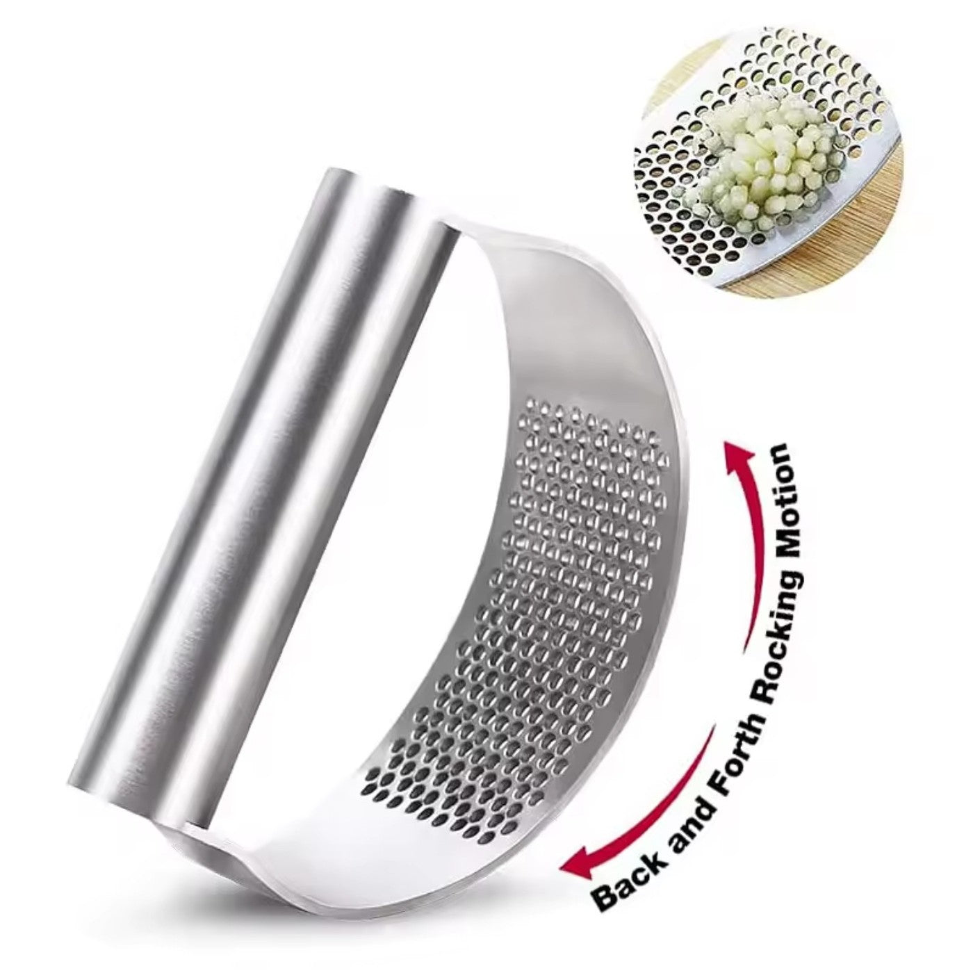 Metal garlic press with a close-up of grated garlic on a white background