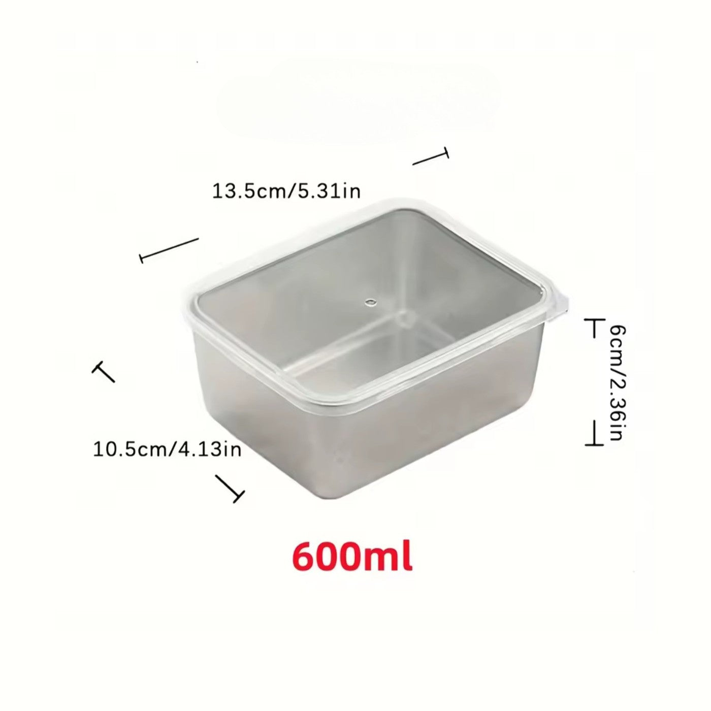 Stainless steel container with dimensions and volume label on a white background