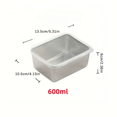 Stainless steel container with dimensions and volume label on a white background