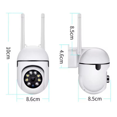 Two security cameras with dimensions labeled on a white background