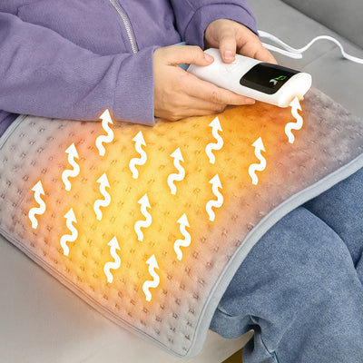 Person using a heating pad with a control device, surrounded by wavy lines indicating heat.