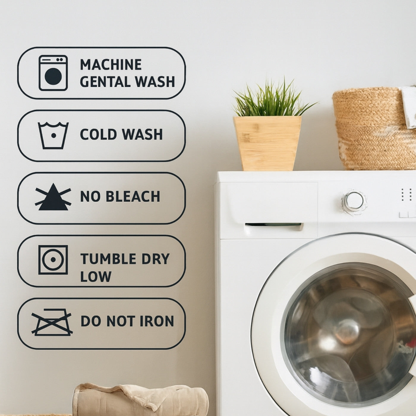White washing machine with laundry care symbols on a light gray wall.