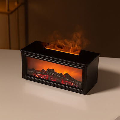 Black rectangular fireplace insert with glowing embers and flames on a beige surface.