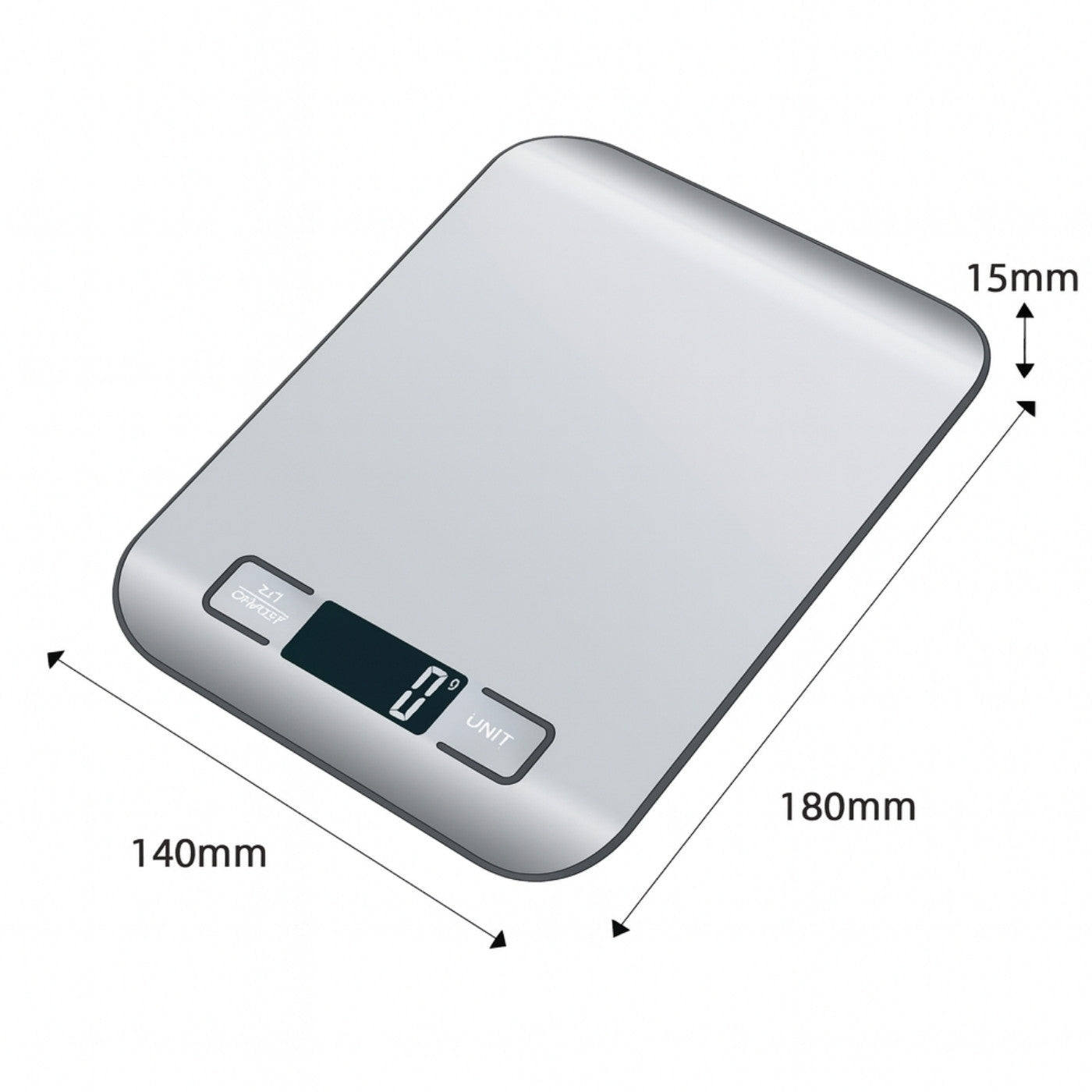 Digital kitchen scale with dimensions labeled on a white background