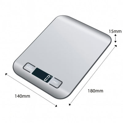 Digital kitchen scale with dimensions labeled on a white background